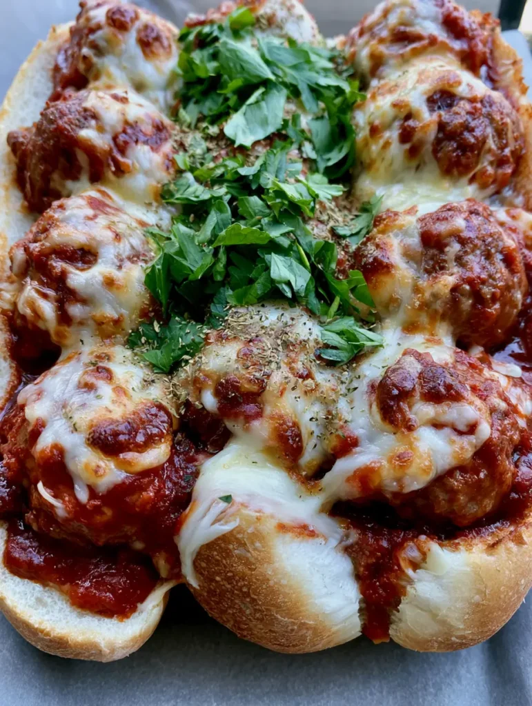 Three meatball subs nestled together with fresh parsley garnish and dried oregano on a neutral background.