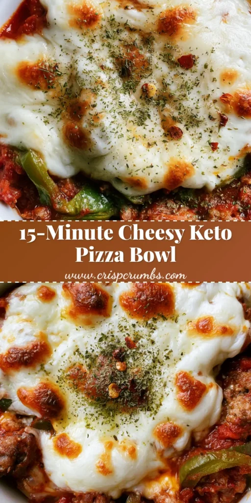 Keto Pizza Bowl: The Ultimate 15-Minute Crustless Pizza Recipe 4 A top-down shot of a Keto Pizza Bowl featuring melted mozzarella with golden charred spots, browned sausage, and green peppers in a white bowl. (Keto Pizza Bowl)