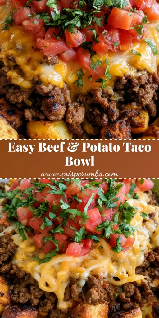 A close-up smartphone photo of a Ground Beef and Potato Taco Bowl featuring crispy roasted potatoes, seasoned beef, and melted cheese in a white bowl.
