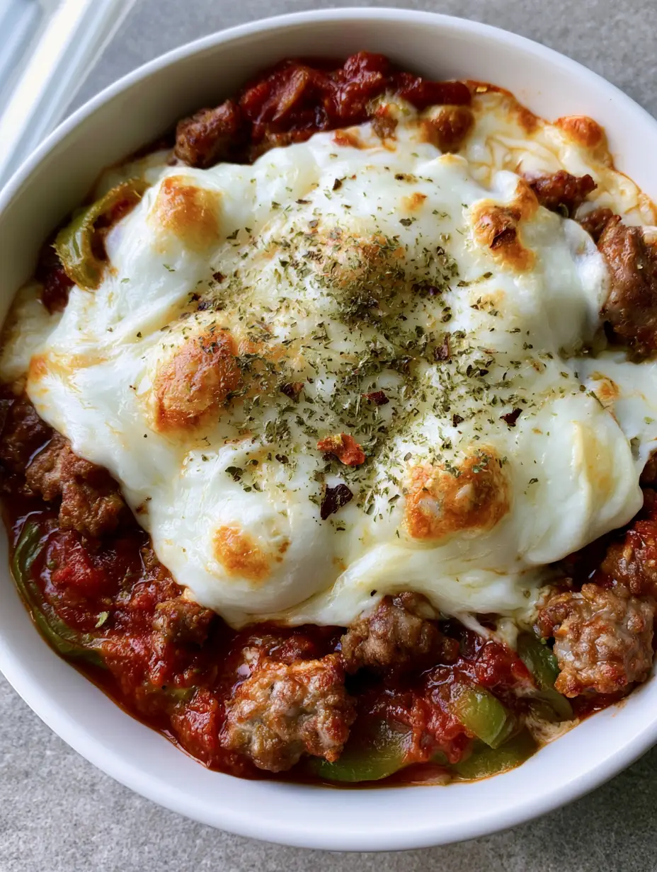 Keto Pizza Bowl: The Ultimate 15-Minute Crustless Pizza Recipe 3 A close-up of a white ceramic bowl filled with deconstructed pizza toppings, thick red sauce, and charred mozzarella. (Keto Pizza Bowl)