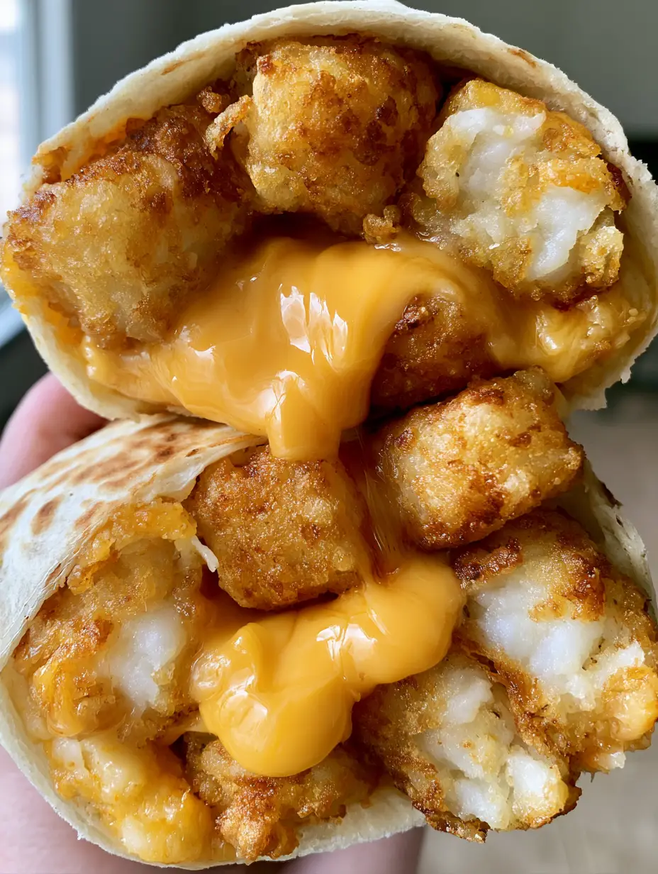 Cheesy Potato Burrito: The Ultimate Crispy Tater Tot Comfort Food 3 Close-up of a sliced Cheesy Potato Burrito with golden-brown fried tater tots and thick melted orange cheese sauce.