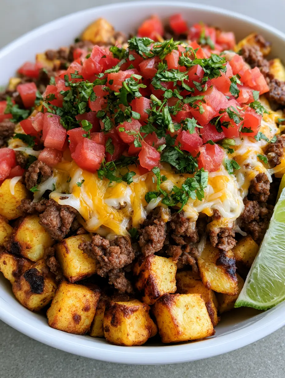 A white ceramic bowl filled with golden-brown roasted potatoes, seasoned ground beef, and a thick layer of melted cheddar cheese. (Ground Beef and Potato Taco Bowl)