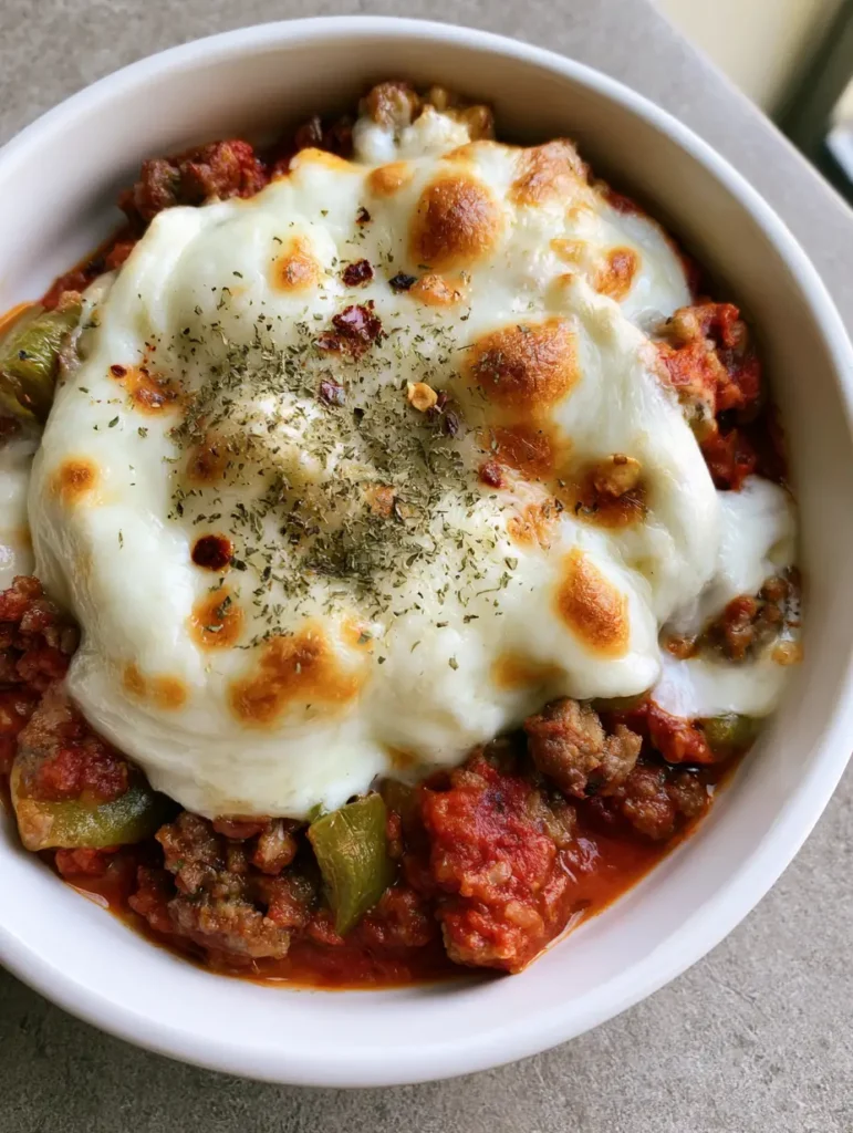 Keto Pizza Bowl: The Ultimate 15-Minute Crustless Pizza Recipe 1 Overhead view of a Keto Pizza Bowl on a grey stone surface with dried oregano and red pepper flake garnish.