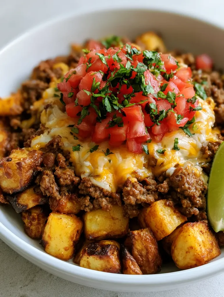 Top down view of a Ground Beef and Potato Taco Bowl garnished with fresh cilantro and diced tomatoes.