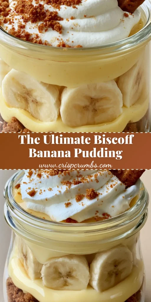 A vertical layered Biscoff Banana Pudding in a glass jar with visible banana slices and a whole Biscoff cookie garnish.