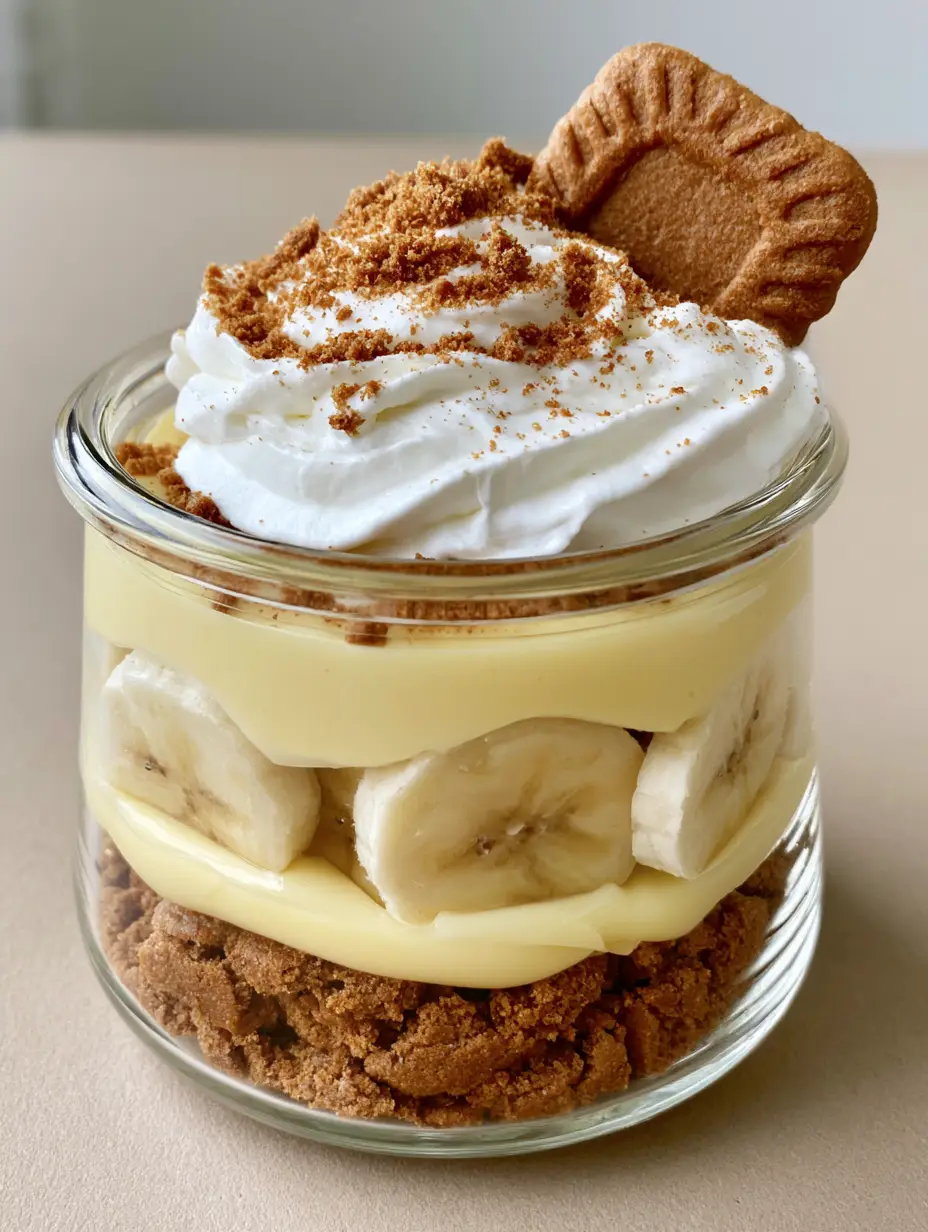 Close up shot of Biscoff Banana Pudding showing the smooth pale yellow custard and neat banana ring.
