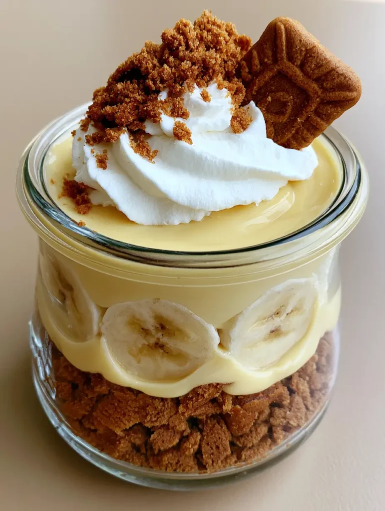 A handheld photo of the finished Biscoff Banana Pudding with whipped cream and cookie dust.