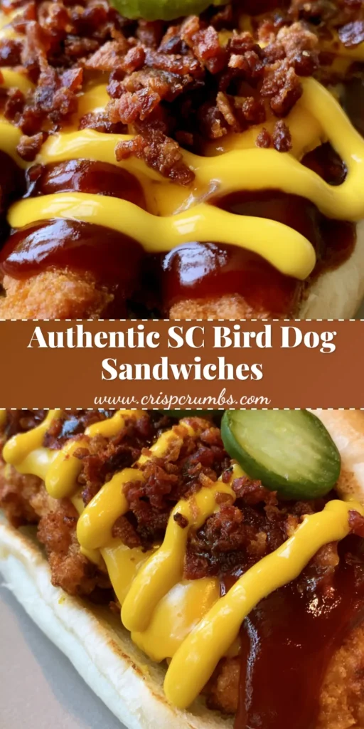 A close-up shot of South Carolina Bird Dog Sandwiches with crispy chicken, melted cheddar, and a zigzag of sauces on a toasted hoagie bun. (South Carolina Bird Dog Sandwiches)