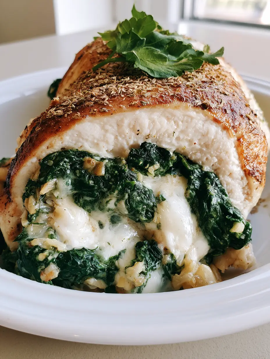 Garlic Spinach Stuffed Chicken: The Ultimate Golden-Seared Dinner 3 A close-up smartphone photo of a sliced Garlic Spinach Stuffed Chicken breast with juicy meat and overflowing green filling. (Garlic Spinach Stuffed Chicken)