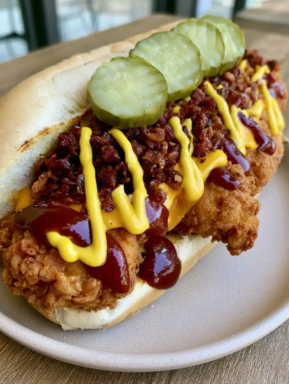 Handheld smartphone photo of a Bird Dog sandwich with golden fried chicken, melted yellow cheese, and crumbled bacon bits. (South Carolina Bird Dog Sandwiches)