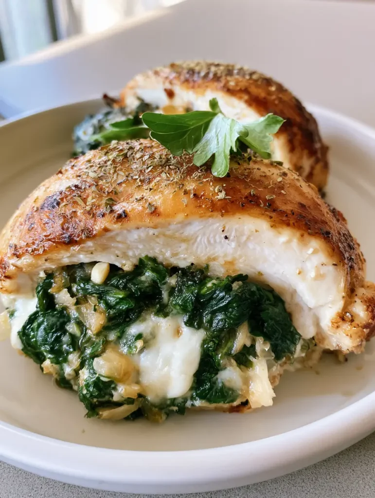 Garlic Spinach Stuffed Chicken: The Ultimate Golden-Seared Dinner 1 A side view of the Garlic Spinach Stuffed Chicken showing the melted white cheese and herbs.