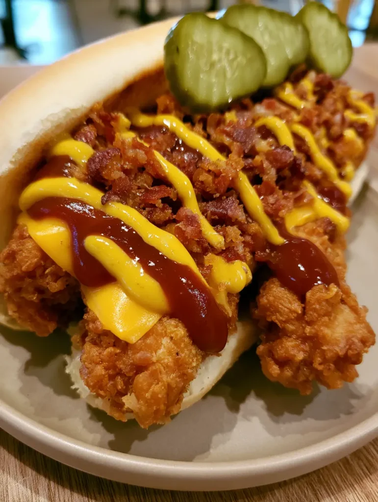 South Carolina Bird Dog Sandwiches on a neutral ceramic plate, featuring mahogany BBQ sauce and bright honey mustard zigzag drizzle.