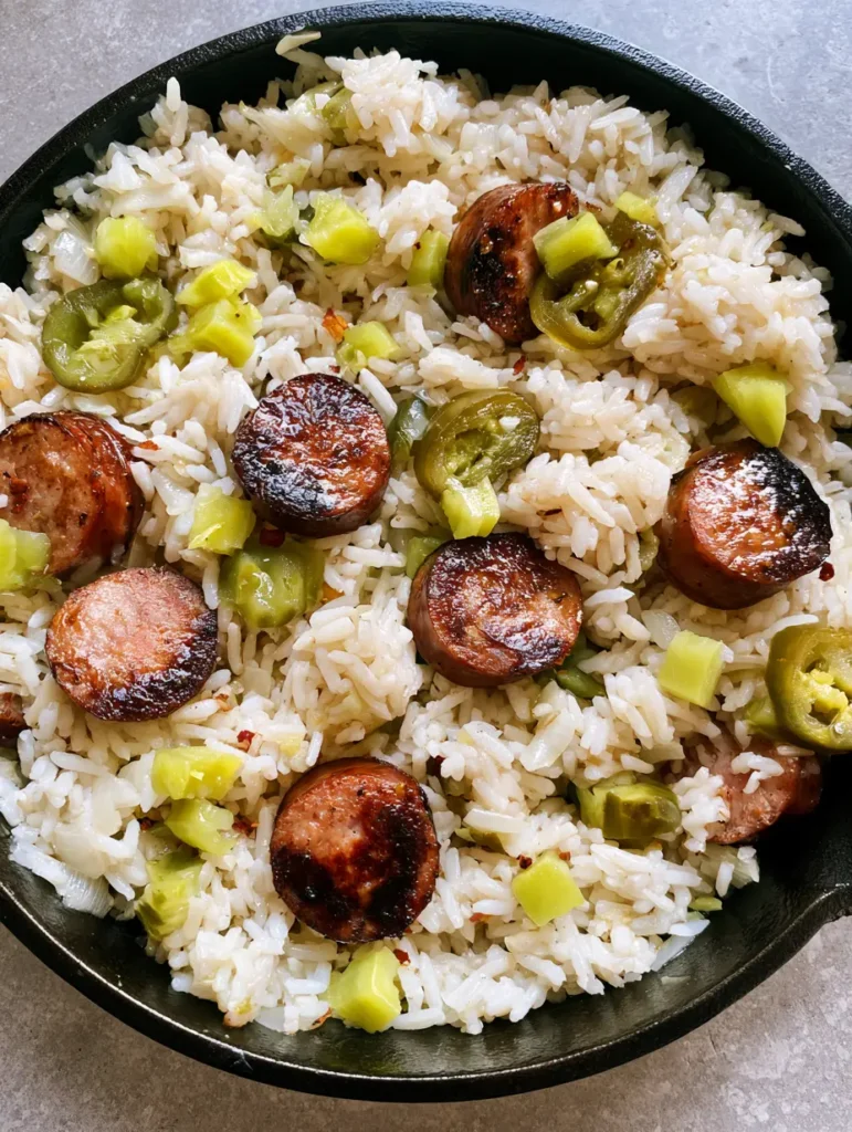 Steam rising from a freshly prepared skillet of Jailhouse Rice on a grey stone countertop.