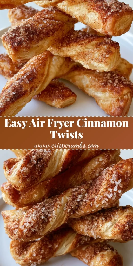 A pile of golden-brown Air Fryer Cinnamon Sugar Twists on a white plate, showcasing flaky layers and a thick cinnamon coating.