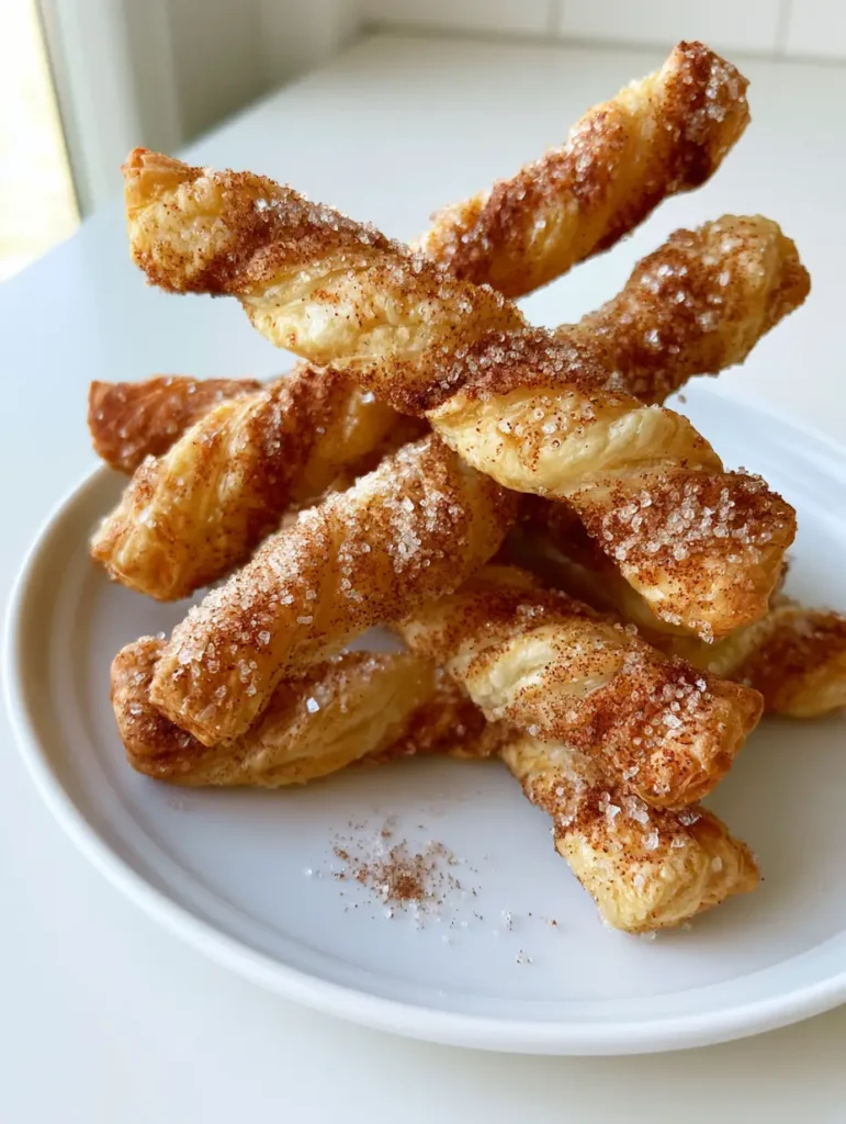Close-up of golden cinnamon sugar twists stacked on a white plate with natural side lighting. (Air Fryer Cinnamon Sugar Twists)