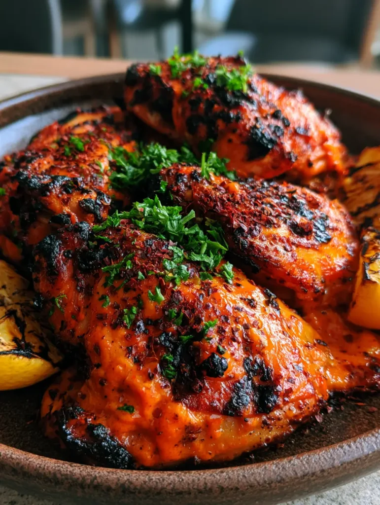 Full platter of Portuguese Grilled Chicken garnished with fresh parsley and dried red pepper flakes alongside grilled lemons.