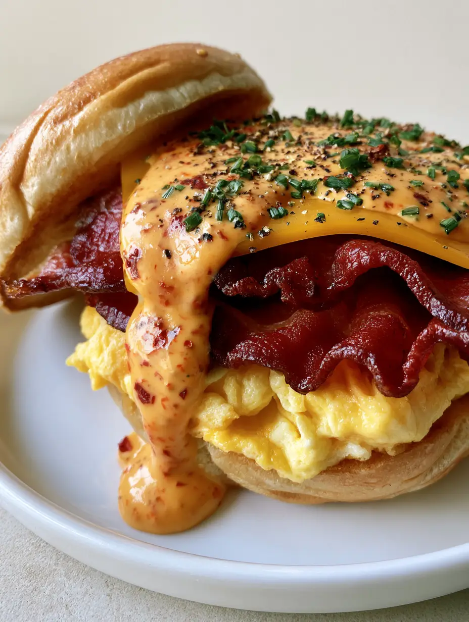 Spicy Chipotle Breakfast Sandwich: The Ultimate Gourmet Morning Guide 3 Close-up of a Spicy Chipotle Breakfast Sandwich showing the melting cheddar over crispy bacon and fluffy eggs. (Spicy Chipotle Breakfast Sandwich)