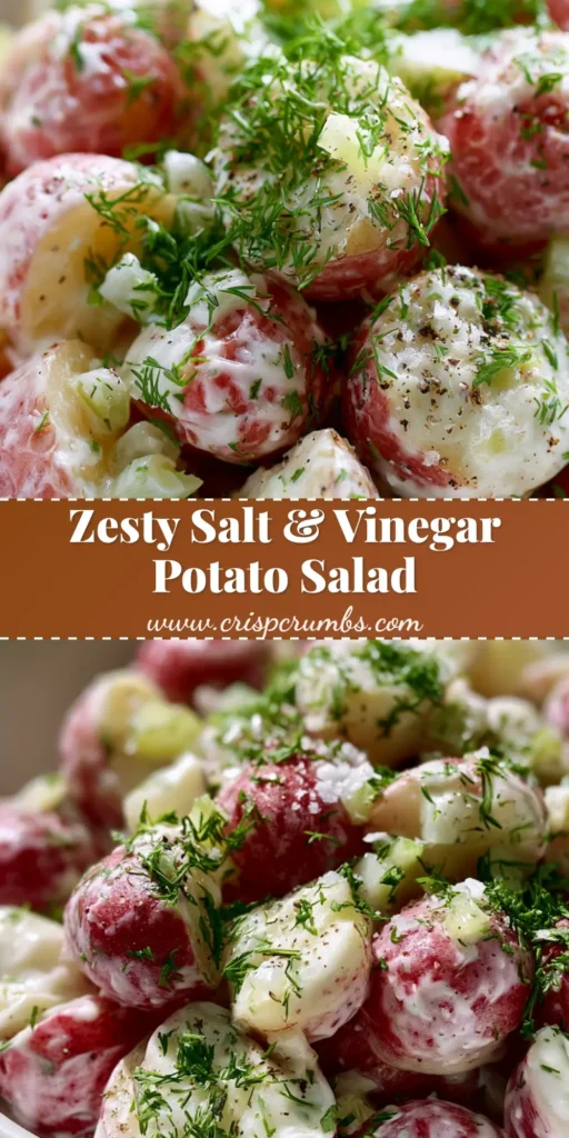 A minimalist overhead shot of Salt and Vinegar Potato Salad in a white bowl, showing baby red potatoes with fresh dill and coarse salt grains.
