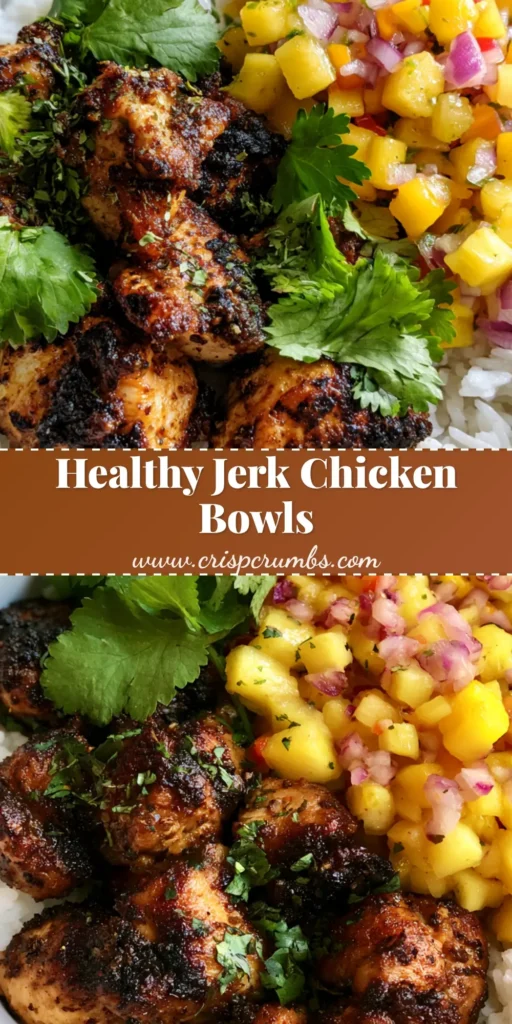 A top-down view of a white ceramic Jerk Chicken Bowl with seared chicken, jasmine rice, and pineapple salsa.