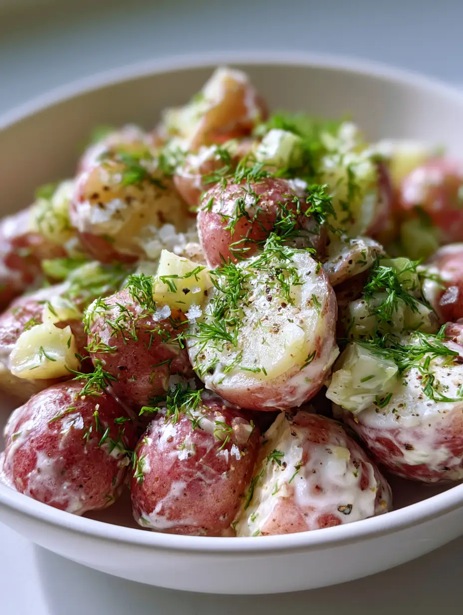 Close-up of halved red potatoes coated in a glossy white mayo and vinegar dressing, sprinkled with fresh dill. (Salt and Vinegar Potato Salad)
