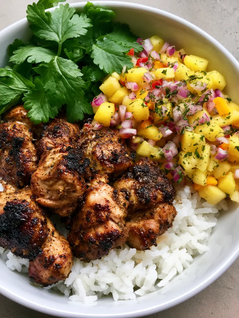 A top-down professional photo of a Jerk Chicken Bowl featuring fluffy white jasmine rice and golden-brown seared chicken.