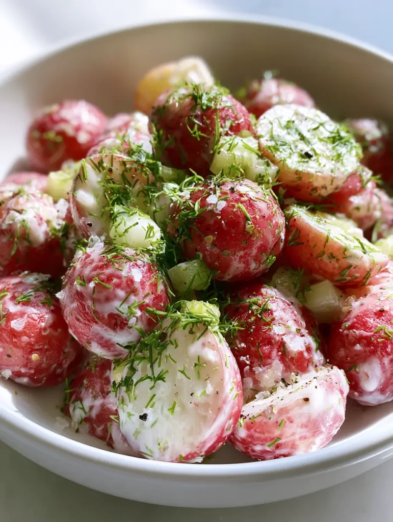 A handheld smartphone photo of Salt and Vinegar Potato Salad in a ceramic bowl, capturing the natural daylight and bright green dill.