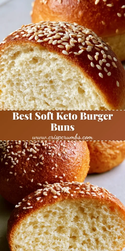 Keto Burger Buns: The Ultimate Fluffy Low-Carb Bread Recipe 4 A close-up of two golden brown Keto Burger Buns topped with toasted white sesame seeds on a light gray background.