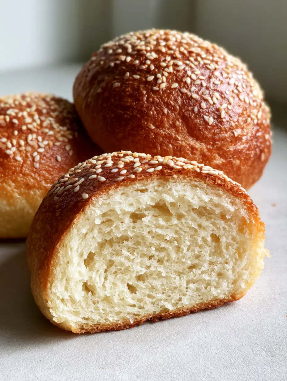 Keto Burger Buns: The Ultimate Fluffy Low-Carb Bread Recipe 3 A hand-held photo showing a sliced Keto Burger Bun revealing a soft, pale cream airy crumb with fine air pockets.