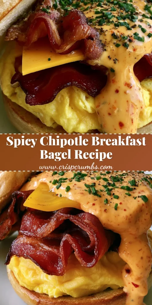 Spicy Chipotle Breakfast Sandwich: The Ultimate Gourmet Morning Guide 4 A gourmet Spicy Chipotle Breakfast Sandwich on a toasted plain bagel with thick folded eggs, wavy bacon, and cascading orange chipotle sauce garnished with chives.