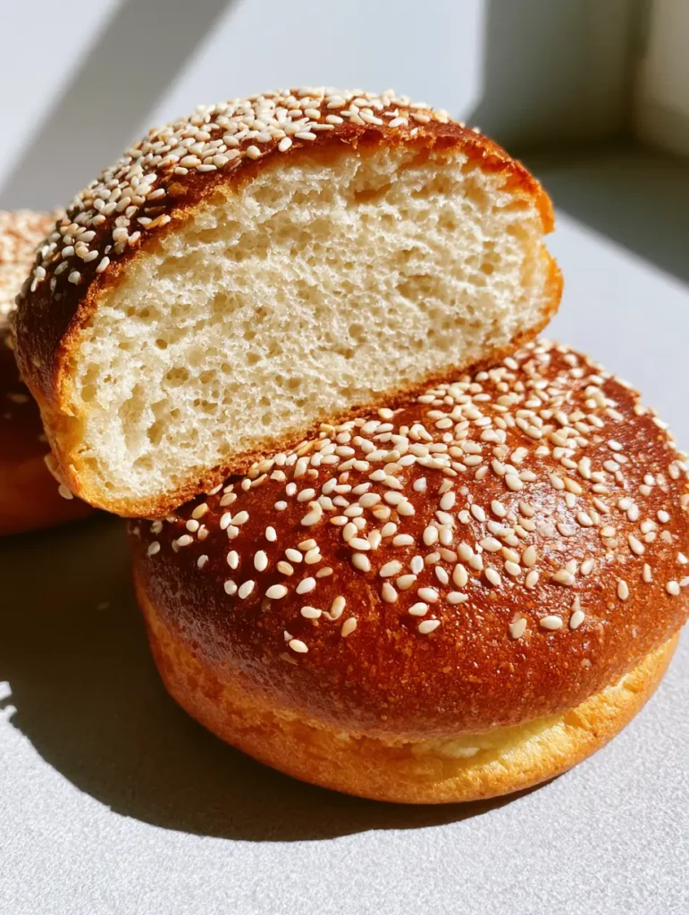 Keto Burger Buns: The Ultimate Fluffy Low-Carb Bread Recipe 1 Two freshly baked Keto Burger Buns with a matte finish crust and golden color under natural daylight.