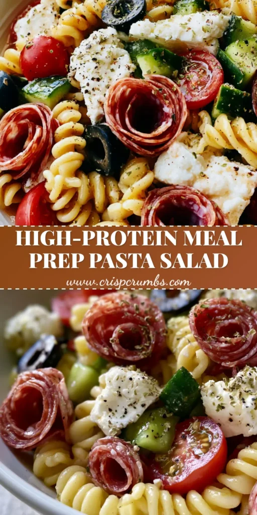 A vibrant High-Protein Italian Pasta Salad in a white bowl featuring folded salami, rustic feta, and rotini on a grey stone countertop.