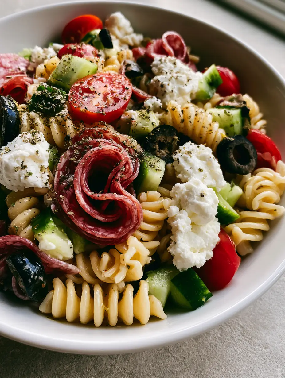 Close-up lifestyle shot of High-Protein Italian Pasta Salad with glossy translucent dressing and cracked black pepper.