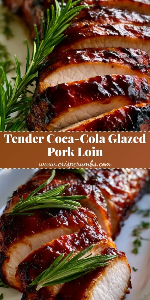 Sliced Coca-Cola Pork Loin with a thick mahogany glaze and fresh rosemary sprigs on a white ceramic platter.