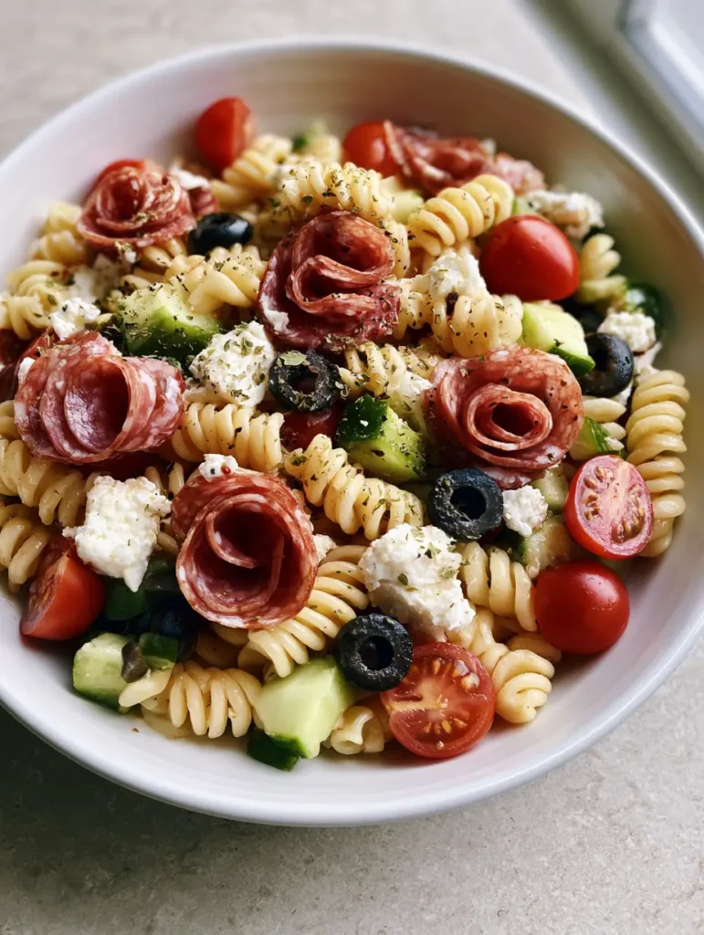 Overhead view of a High-Protein Italian Pasta Salad showing folded salami ribbons and rustic feta crumbles.