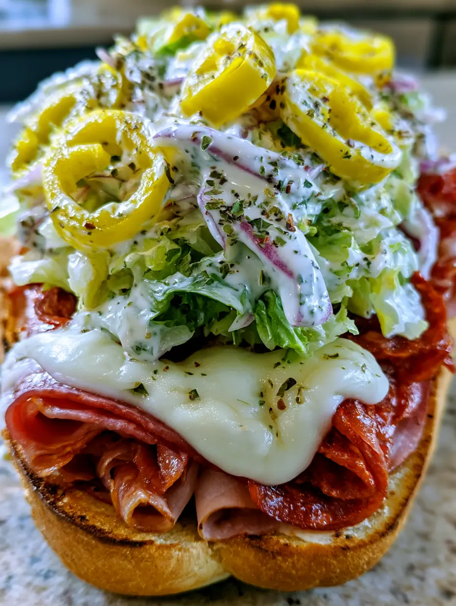 Close up of an Italian Grinder Salad Sandwich showing the folded salami, pepperoni, and bubbling white provolone cheese.