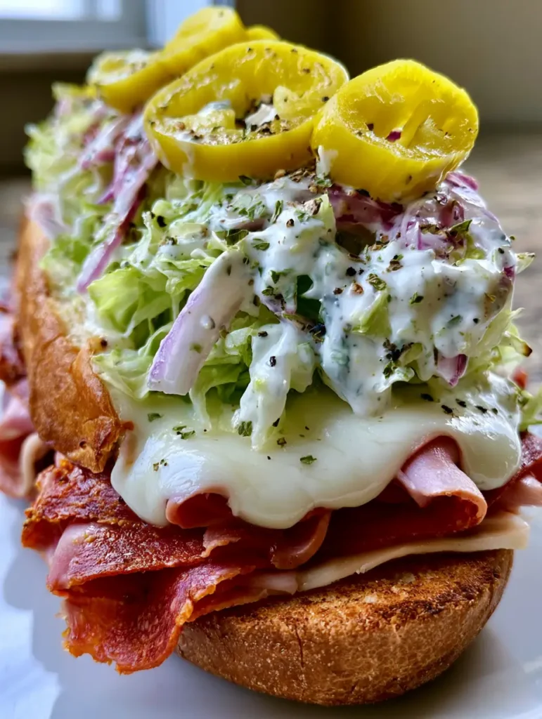 Top view of the Italian Grinder Salad Sandwich focusing on the creamy iceberg lettuce salad with pepperoncinis and red onions.