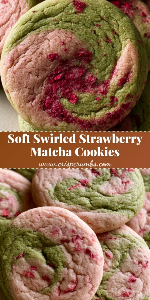 Strawberry Matcha Cookies: The Ultimate Soft-Baked Swirled Marble Treat 4 A stack of swirled Strawberry Matcha Cookies showing vibrant green and pink marble patterns with visible strawberry flecks on a neutral surface.