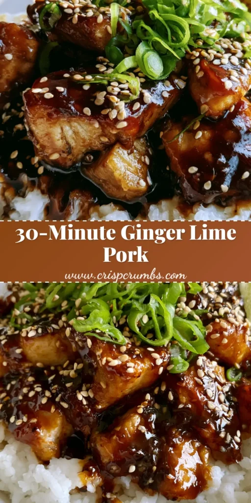 A close-up of Ginger Lime Pork slices with a glossy dark amber glaze over white coconut rice, garnished with sesame seeds and scallions.