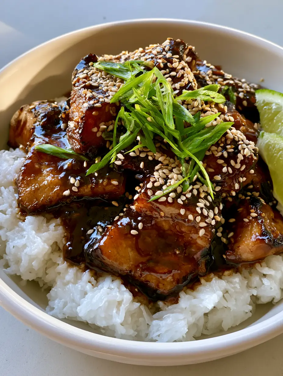 A smartphone photo of Ginger Lime Pork in a white ceramic bowl showing the golden-brown seared pork texture and glossy sauce.
