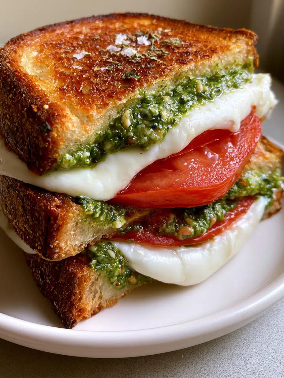 Pesto Grilled Cheese: The Ultimate Gourmet Tomato and Mozzarella Recipe 3 Close up of a Pesto Grilled Cheese showing a thick cheese pull and vibrant green pesto.