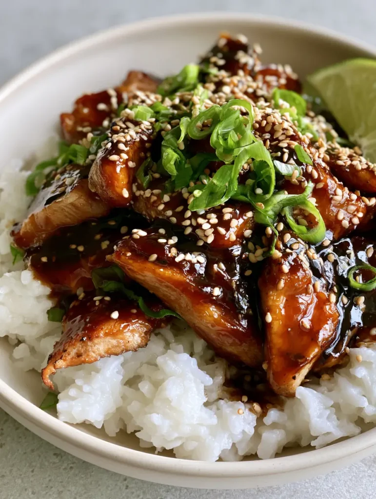 Overhead view of Ginger Lime Pork with tender slices of meat and bright green scallions over moist coconut rice.