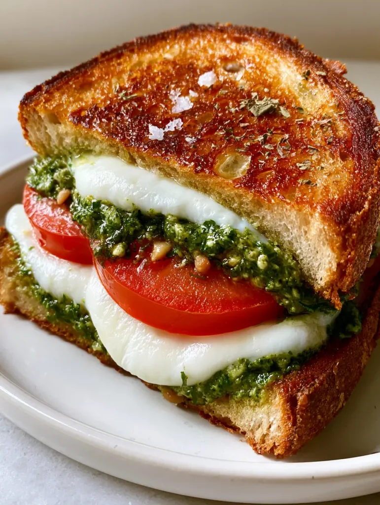 Pesto Grilled Cheese: The Ultimate Gourmet Tomato and Mozzarella Recipe 1 Overhead view of a diagonally sliced Pesto Grilled Cheese with tomato and sea salt flakes.