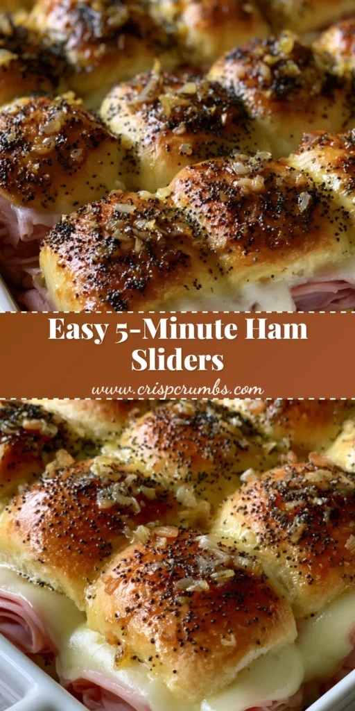 A ceramic baking dish filled with 12 Hawaiian Ham and Cheese Sliders with melted Swiss and poppy seed glaze.