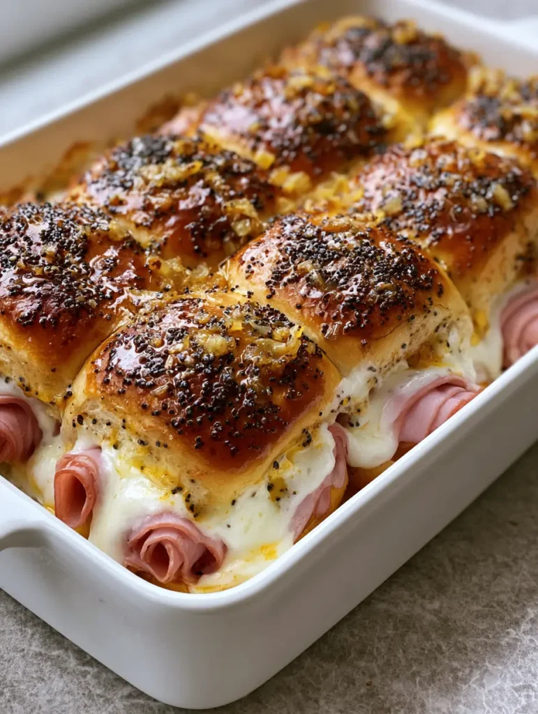 Overhead view of Hawaiian Ham and Cheese Sliders showing the glossy poppy seed and minced onion glaze.