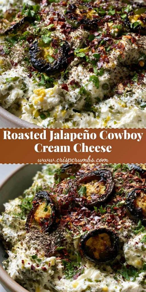 A handheld smartphone photo of Roasted Jalapeño Cowboy Cream Cheese in a rustic ceramic bowl, topped with charred jalapeño rounds and red pepper flakes.