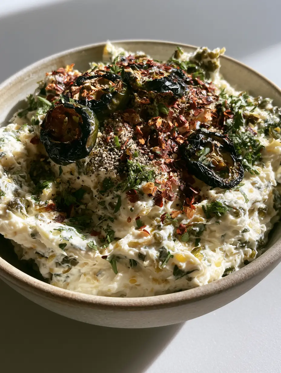 A close-up of a thick cream cheese dip featuring minced roasted green jalapeños and yellow mustard flecks, served in a matte-finish bowl. (Roasted Jalapeño Cowboy Cream Cheese)