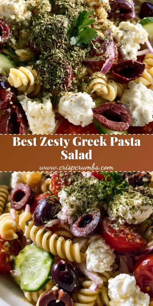 A top-down view of a vibrant Greek Olive Pasta Salad in a white bowl featuring rotini, kalamata olives, and feta cheese. (Greek Olive Pasta Salad)