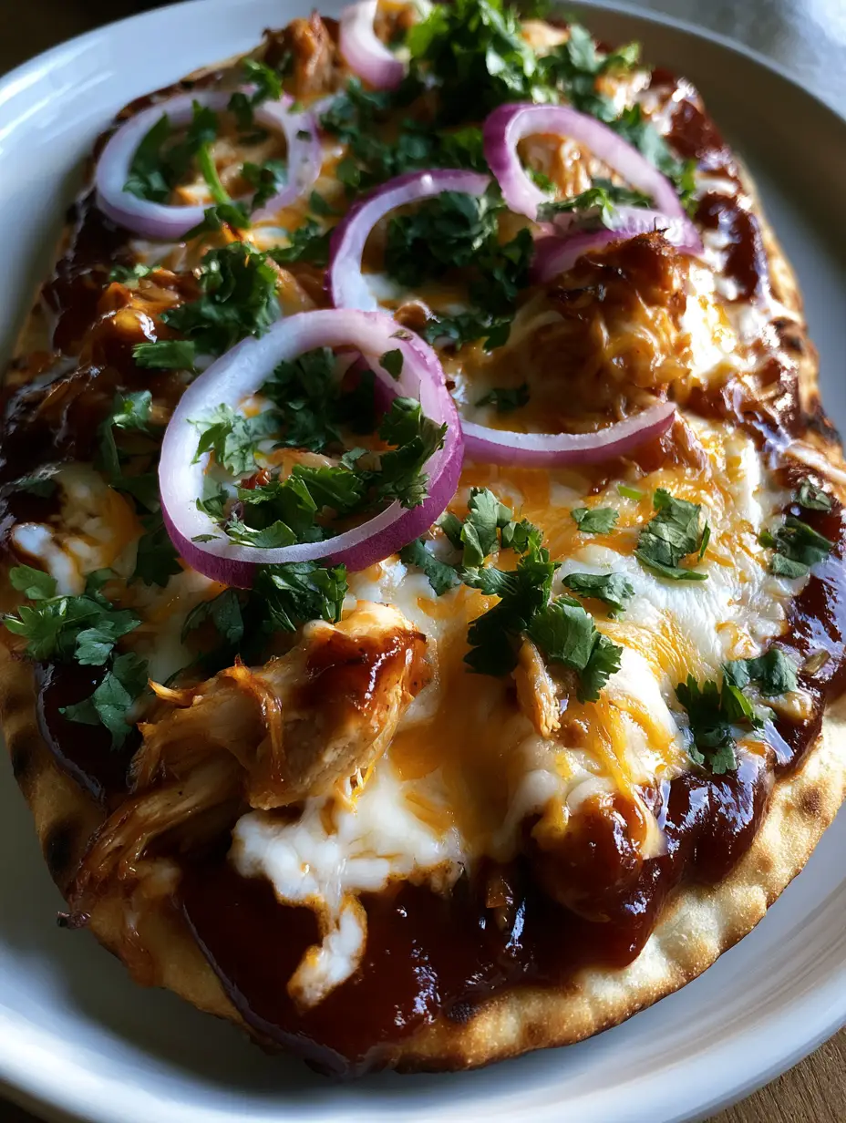 High-angle close-up of a toasted oval naan BBQ Chicken Flatbread with glossy sauce and bubbly cheese.