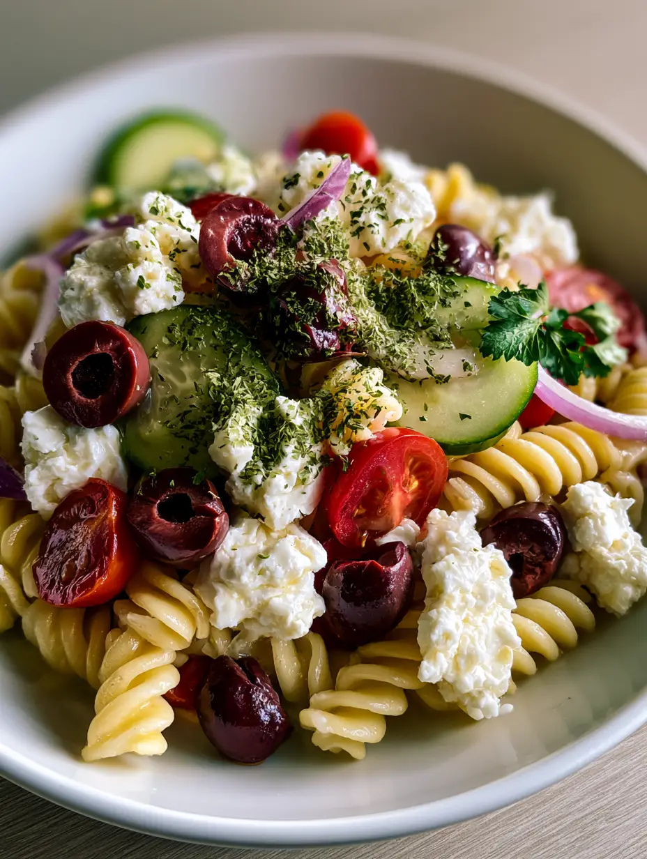 A close-up handheld shot of Greek Olive Pasta Salad showing glistening rotini and matte feta crumbles. (Greek Olive Pasta Salad)