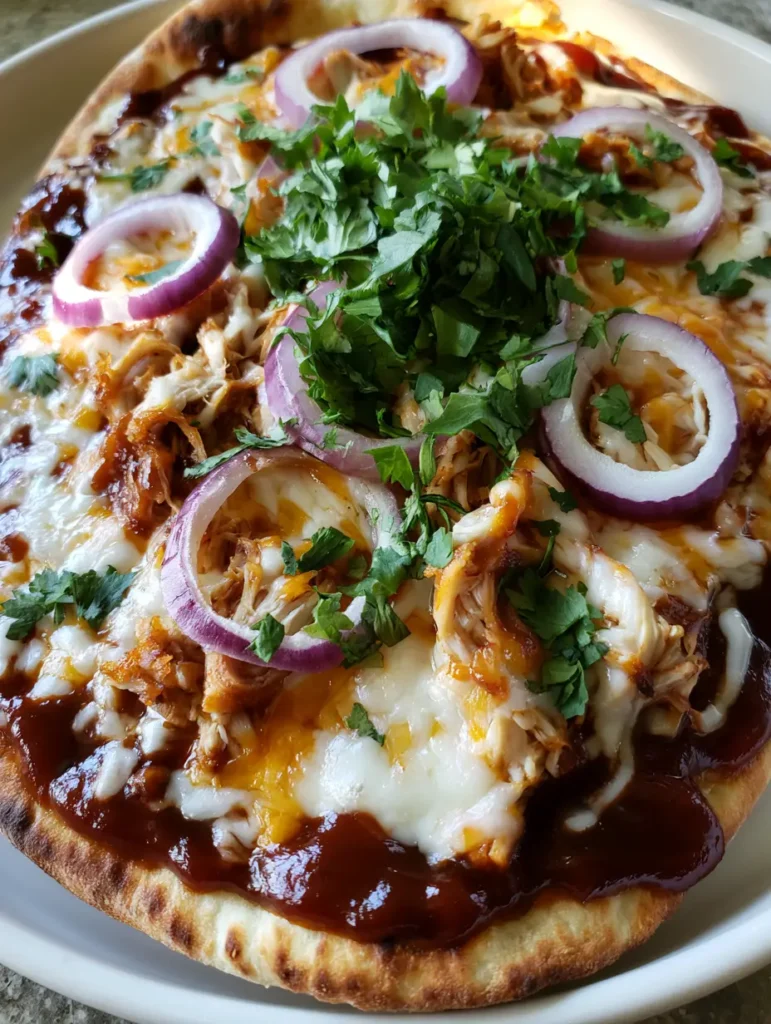 Macro shot of melted mozzarella and cheddar on a BBQ Chicken Flatbread with red onion rings.